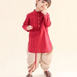 Tiber Taber Full Sleeves Striped Kurta & Dhoti Set - Maroon-image-50