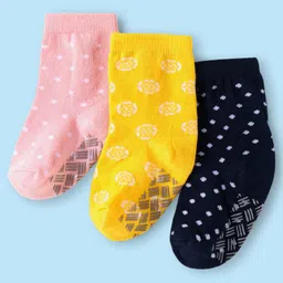 Cute Walk by Babyhug Ankle Length Antibacterial Anti Skid Socks with Stripes Polka DotsDesign Pack Of 3 - Pink Yellow & Black-picture-12