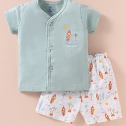 Pink Rabbit Single Jersey Knit Half Sleeves Shorts Night Suit with Beach Theme Print - Light Green & White-image-54