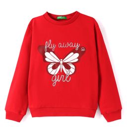 UCB Cotton Knit Full Drop Shoulder Sleeves Sweatshirt with Butterfly & Foil Glitter Print - Red-image-95
