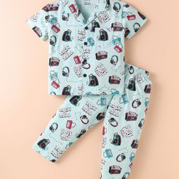 Smarty Boys Sinker Knit Half Sleeves Night Suit With Headphone & Speakers Print - Light Blue-image-35