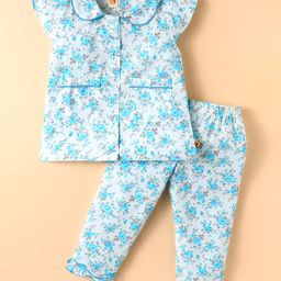 Dew Drops Poplin Knit Half Sleeves Co-Ord Night Suit With Floral Print - Light Blue-image-52