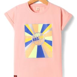 Olio Kids Cotton Knit Half Sleeves T-Shirt with Foil Text Print - Peach-image-76