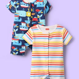 Babyhug 100% Cotton Knit Half Sleeves Romper with Stripes & Nautical Print Pack of 2 - Navy Blue & White-image-91
