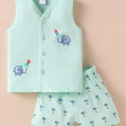 Tango Single Jersey Knit Sleeveless Front Open Shorts Night Suit Elephant Print - Sea Green-picture-3