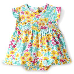 Babyhug 100% Cotton Knit Frill Sleeves Onesie with Floral Print & Smocking - Yellow-image-120