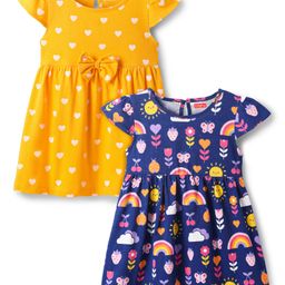 Babyhug Single Jersey Knit Half Sleeves Frocks with Floral & Heart Print & Bow Applique Pack Of 2 - Navy Blue & Yellow-picture-12
