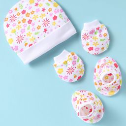 Ben Benny 100% Cotton Knit Cap Mittens & Booties Set With Floral Print White - Diameter 9 cm-image-41