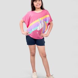 Plum Tree Pure Cotton Half Batwing Sleeves Unicorn Printed Kaftan Style Top & Shorts Set - Pink & Navy Blue-image-49
