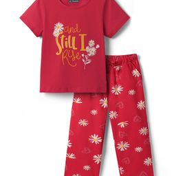 Pine Kids Single Jersey Knit Half Sleeves Night Suit with Text & Floral Print - Red-picture-17