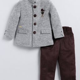 LITTLE COLLARS Velvet Suede Full Sleeves Abstract Embroidered Coat & Trouser Set - Coffee-image-26