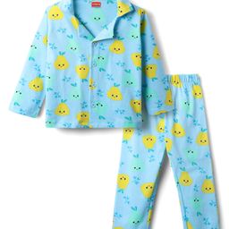 Babyhug Cotton Knit Full Sleeves Front Open Co-ords Night Suit with Fruits Print - Light Blue-image-75