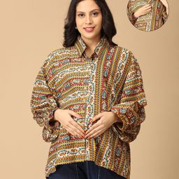 The Mom Store Cotton Knit Full Puffed Sleeves Floral Printed Maternity Oversized Shirt With Nursing Access - Multi Colour-image-94