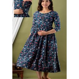 NEVISHA STYLE Cotton Woven Three Fourth Sleeves Floral Printed Maternity Dress With Side Seam Nursing Access - Blue-image-84