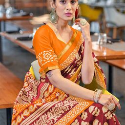 PEENGAX Ajrak Printed Zari Pure Cotton Bagru Saree with Blouse Piece-image-38