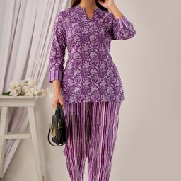Dreambe Women Printed Pure Cotton Tunic With Trousers-image-99