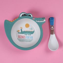 Mihar Essentials Bamboo Fibre Feeding Bowl with Spoon Crocodile Shape (Color & Print May Vary) image 4