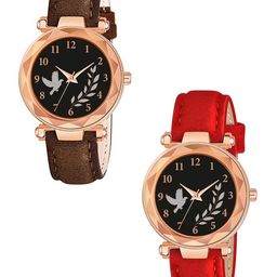 CSAMON Women Pack Of 2 Round Dial & Straps Analogue Watch GR379RG BIRD BRO RED Vel L-image-97