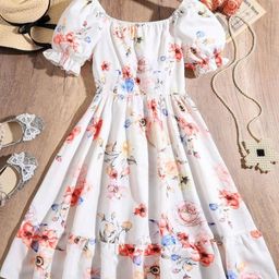 Billion Girls Floral Print Gathered or Pleated Smocked Puff Sleeve Fit & Flare Midi Dress-37
