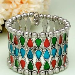 Moedbuille Handpainted Meenakari Work Afghan Teardrop Design Silver Plated Antique Bracelet-47