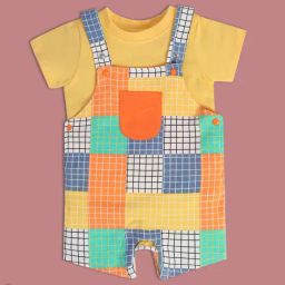 MINIKLUB Kids Multicolor Checks Dungaree with T-Shirt-image-10