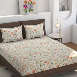 Florida Off White & Orange Floral 160 TC Bedsheet Set 275 cm X 228 cm-18