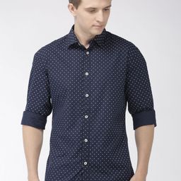 Celio Men Navy Blue PrintedRegular Fit Cotton Casual Shirt-image-60