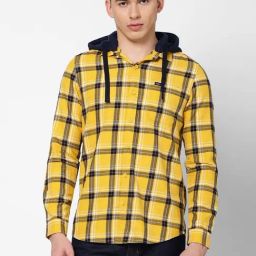 Lee Yellow & Navy Slim Fit Checks Hooded Shirt-image-19