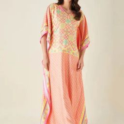 The Kaftan Company Peach Printed Kaftan Nighty-image-42