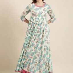 showoffff SHOWOFF Turquoise & Beige Floral Print Anarkali Kurta-picture-42