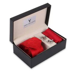 Van Heusen Red Textured Tie, Cufflinks and Pocket Square-39