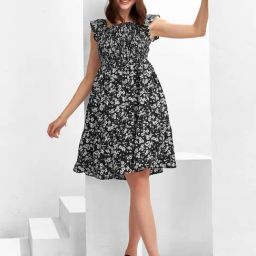 SELVIA Black & White Floral Print Fit & Flare Dress-image-48