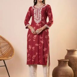 Fashor Red Pure Cotton Embroidered Kurta-image-64