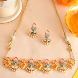 Voylla Forever More Yellow Blue Choker Necklace Set-image-58