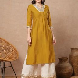 Fashor Mustard Silk Blend Embroidered Kurta-image-25