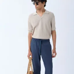 ETA by Westside Beige Knit-Textured Relaxed-Fit Cotton Polo T-Shirt-picture-14