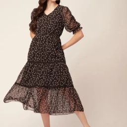 Moomaya Black Floral Print Midi Dress-image-3