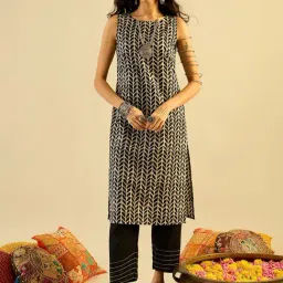 Indo Era Black Cotton Printed Straight Kurta-image-49