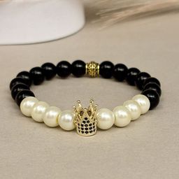 SANAA CREATIONS Unisex Midnight Crown Onyx & Crystal Stones Studded Elasticated Bracelet-11