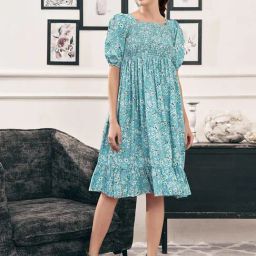 SELVIA Blue & White Floral Print Fit & Flare Dress-image-92