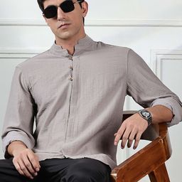 HERE&NOW Men Mandarin Collar Solid Cotton Casual Shirt-image-89