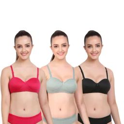 AROUSY Pink & Black Cotton Bra Panty Set - Pack Of 3-image-49