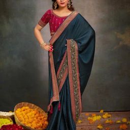 Saree Mall Blue Embroidered Sarees With Unstitched Blouse-picture-5