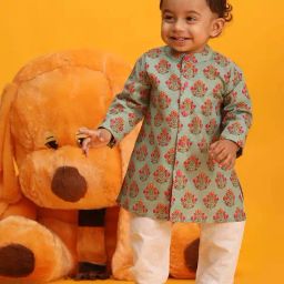 VASTRAMAY Boys Green & Pink Printed Full Sleeves Kurta Sets-image-74
