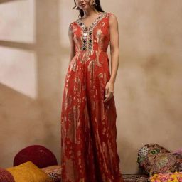 Mabish By Sonal Jain Rust Jacquard Jumpsuits-image-57