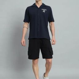 Griffel Navy Blue Cotton Loose Fit Printed Co-Ord Set-image-80
