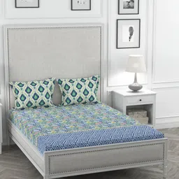 Portico New York Blue & Green Floral 144 TC Cotton 1 King Bedsheet with 2 Pillow Covers-image-25