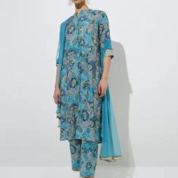 Vark by Westside Blue Botanical A-Line Kurta, Palazzos and Dupatta Set-image-14