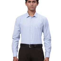 Park Avenue Blue Slim Fit Striped Shirt-image-24
