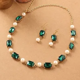Zaveri Pearls Green Artificial Stones & Pearls Contemporary Necklace & Earring Set-ZPFK16811-2